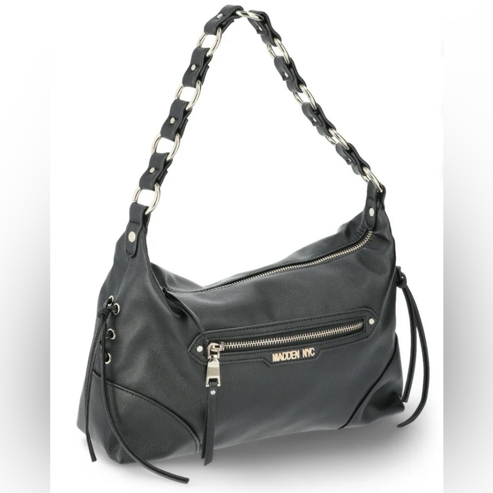 NYC Bag,NYC Shoulder Bag,NYC Black Leather Shoulder Bag with Chain Detail - Picture 3 of 8